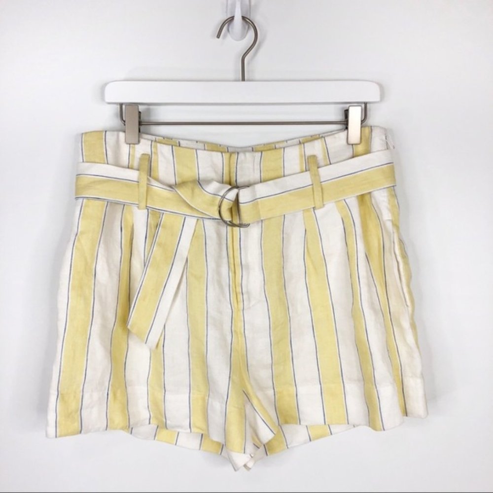 Frame Linen High Waisted Striped Belted Shorts